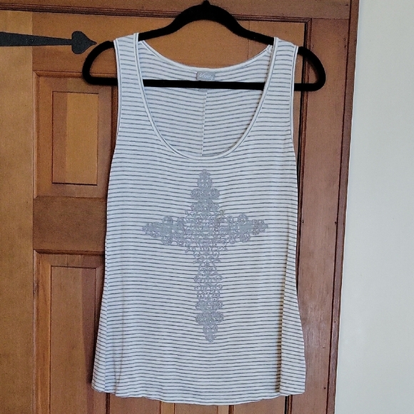 Vanity Tops - Striped Beaded Cross Tank Top